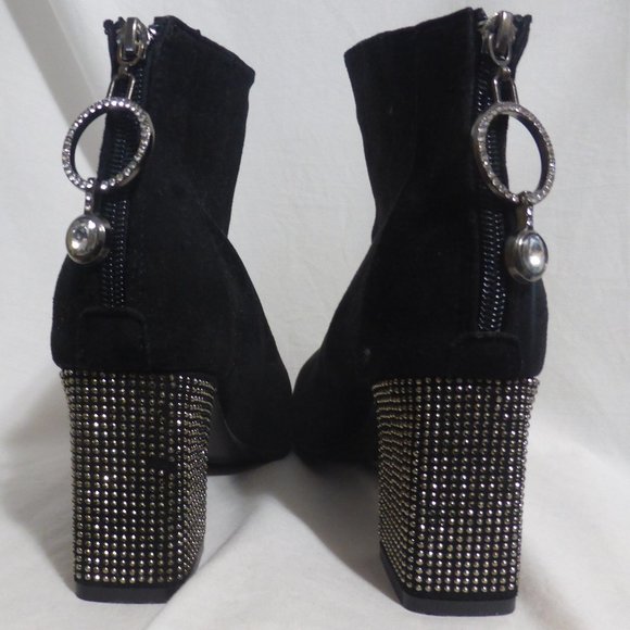 Black suede boots with rhinestones detail on the heel and on the zip pull charm - Picture 1 of 14